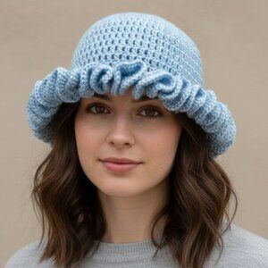 Crochet Ruffle Edge Hat Toque Light Blue